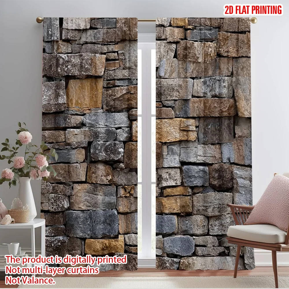 

2pcs 2D flat printing Party Window Curtains Country stone walls 100% Polyester Without Electricity Family Party for Photo Booth