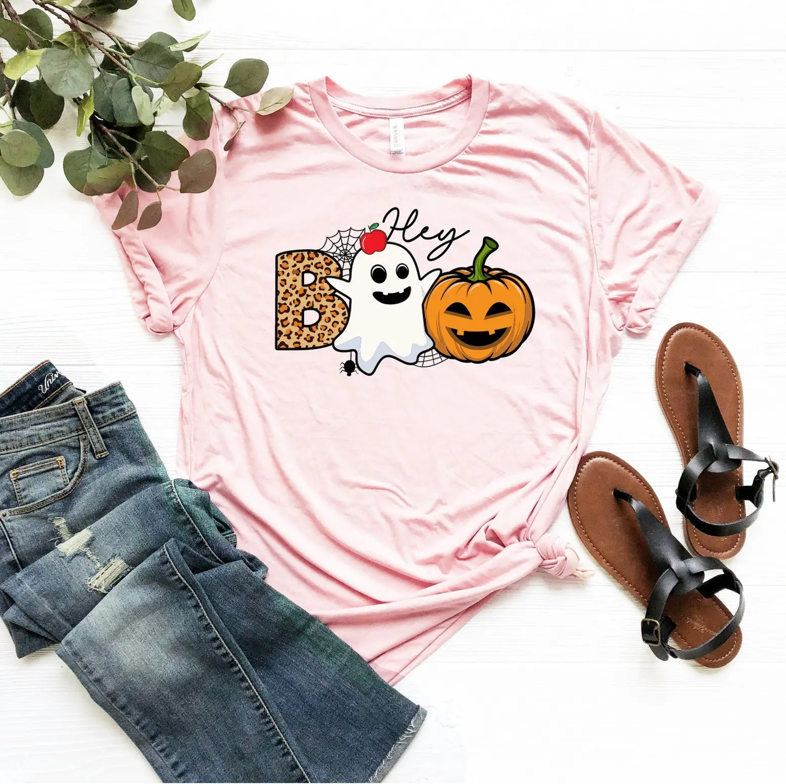 Hey Boo T Shirt Halloween Spooky Season Autumn Pumpkin Funny Ghost