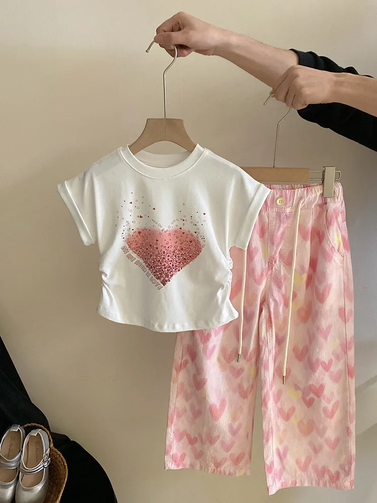 

Girl's Sweet Love Rhinestone Short SleeveTT-shirt2024Summer New Style Small Fresh Love Printed Pants Suit-WS