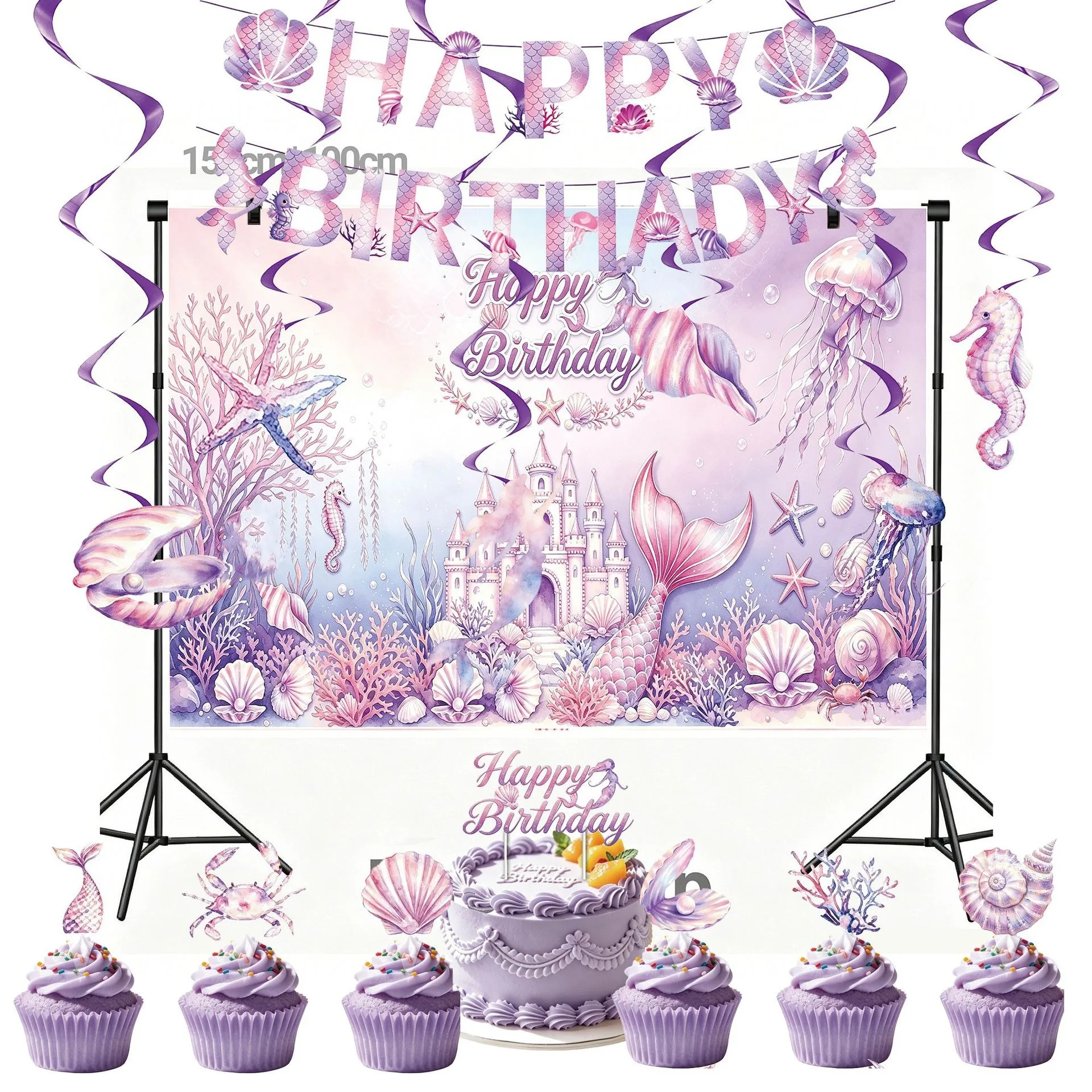 Mermaid Christmas Decorations Purple Ocean Tableware Paper Plates Shell Banner Party Supplies Winter Celebration Table Decor Set