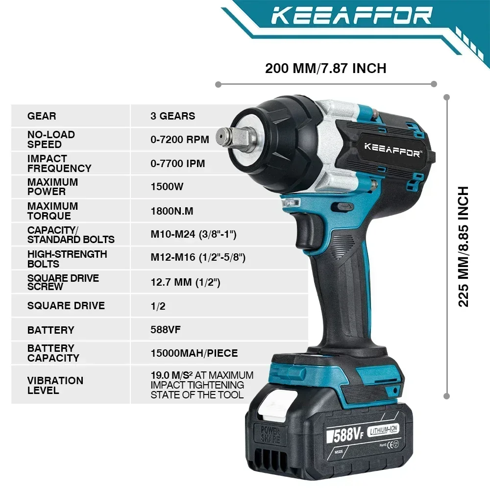 KEEAFFOR 1800N.M Bürstenloser elektrischer Schlagschrauber 1/2 Zoll Elektroschrauber Bohrmaschine Elektrowerkzeuge für Makita 18V Akku
