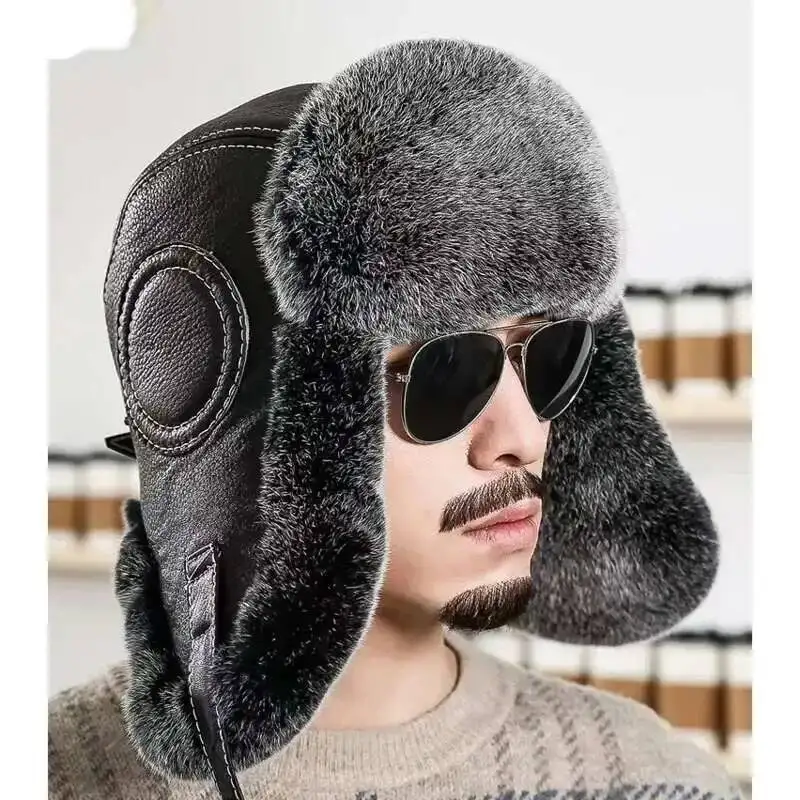 Pilot Hat For Men Winter Real Rex Rabbit Fur Bomber Hat Furry Outdoor Riding Cap With Ear Protection Real Fur Hat Snow Cap