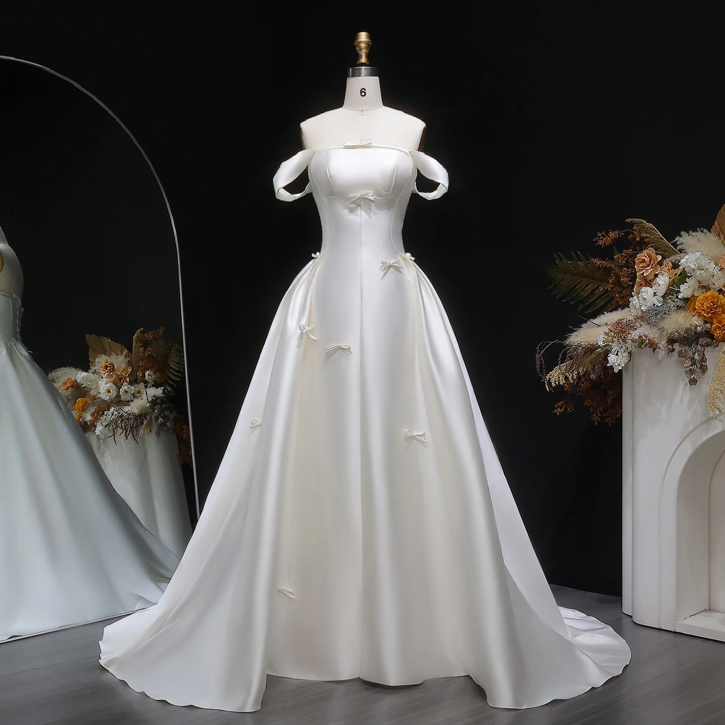 Sharon Said Elegant Ivory Satin Off Shoulder Wedding Dress with Bows French Style Bridal Gowns SW633 Customized