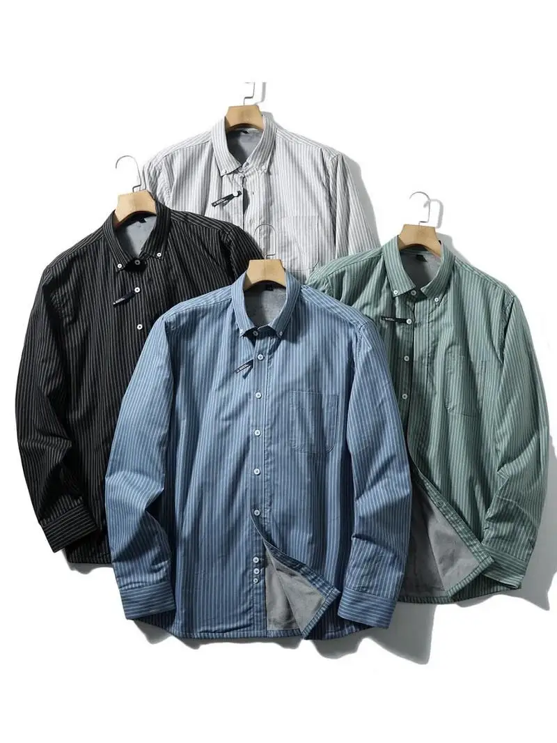 

Новая мужская рубашка с длинным рукавом из чистого хлопка, теплая, в полоску, с отложным воротником, для делового и повседневного стиля, осень-зима