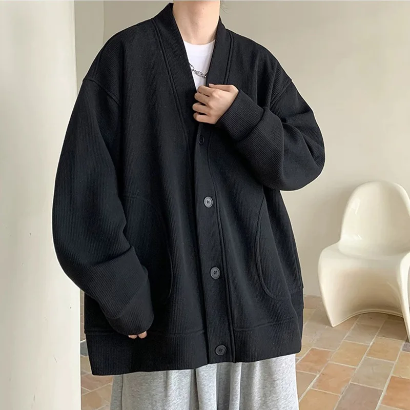 Spring Autumn V-Neck Waffle Loose Cardigan Sweatshirt Men's Premium Hong Kong Style Casual Outerwear