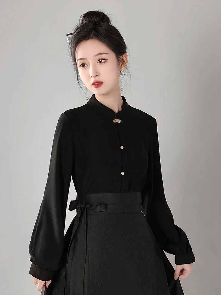 

Tang Qin Original Hanfu irt New Chinese Sle Stand Collar Bla Versatile Top Quali Polyester Fiber Autumn 2023