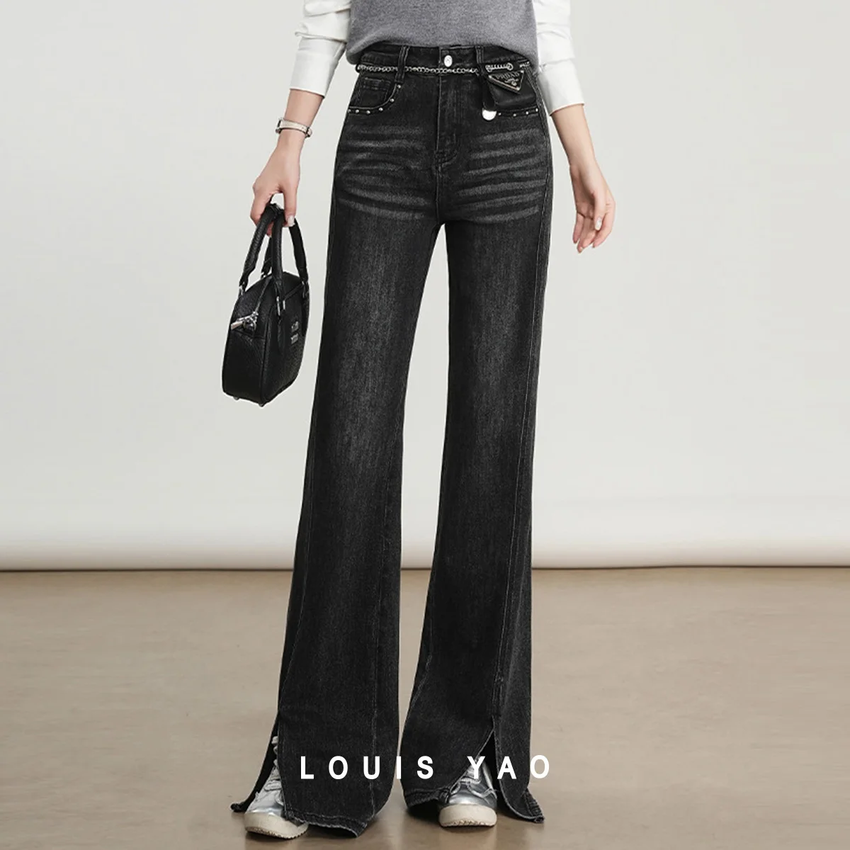 

LOUIS YAO New Leg Split Flared Denim Pants 2025 Autumn High-waisted Rivet-decorated Slightly Stretchy Long Women's Jeans