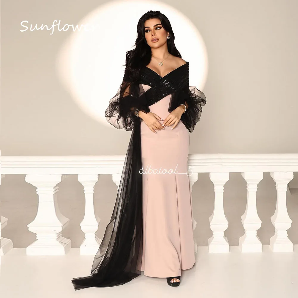 

Sunflower Simple Pink V-Neck Mermaid Prom dress 2024 Slim Sequined Tulle Sleeve Ocassion Gown Ankle-Length Formal Evening Dress