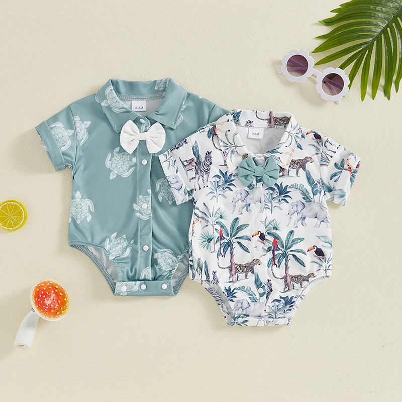 

2024-05-11 Lioraitiin Baby Boy Button Down Romper Turtle Print Lapel Neck Short Sleeve Casual Jumpsuit with Bowtie for Summer