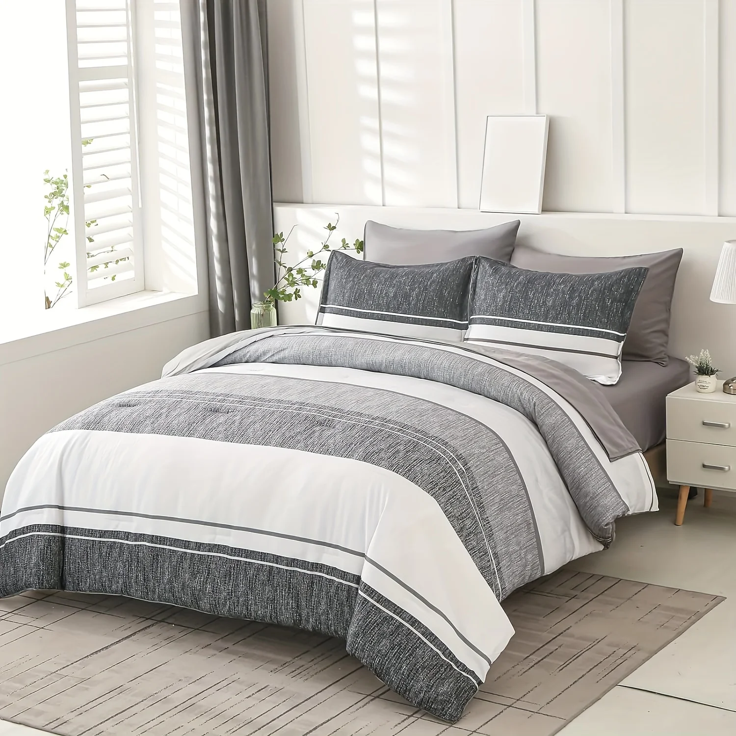 

7pcs Black White Grey Stripe Pattern Comforter Sets, Full/Queen/King Size Bed In A Bag, Soft Microfiber Lightweight Bedding Set