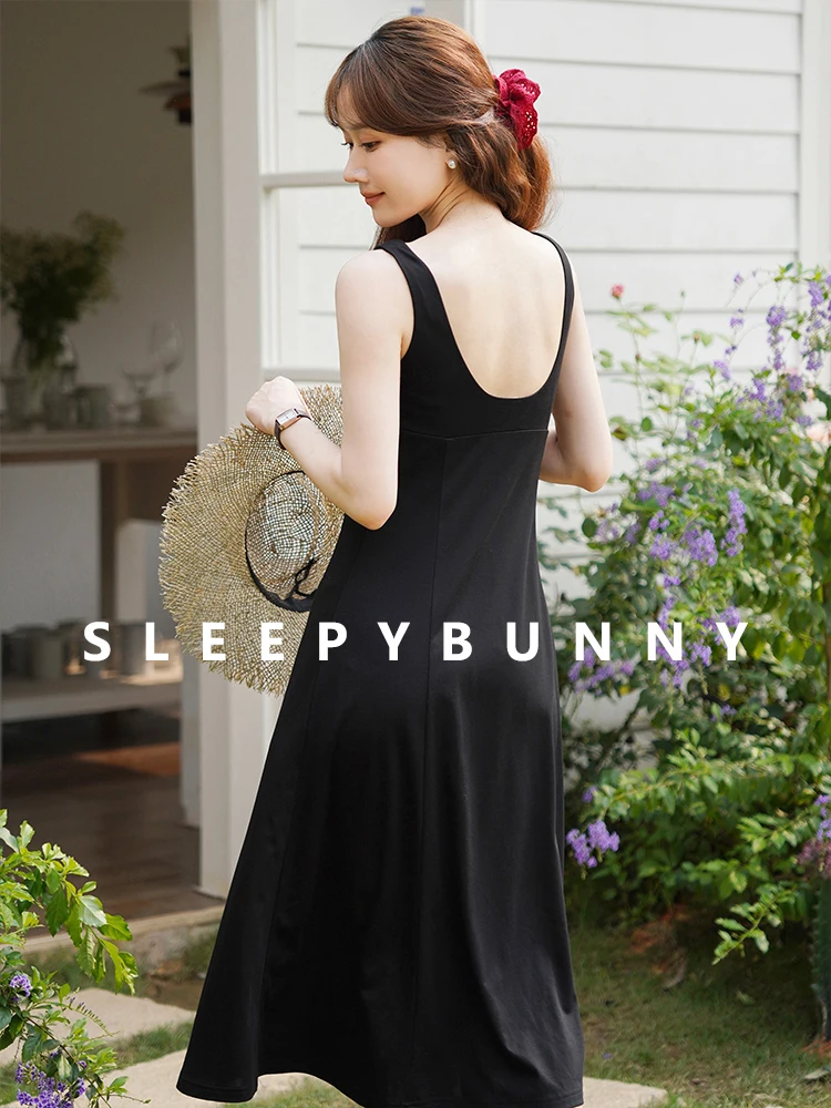 Elegant Sleeveless Dress Women Summer Heart Neck Backless Fit A-Line Midi Sundress Stretchy Hepburn Spaghetti Strap Party Outfit