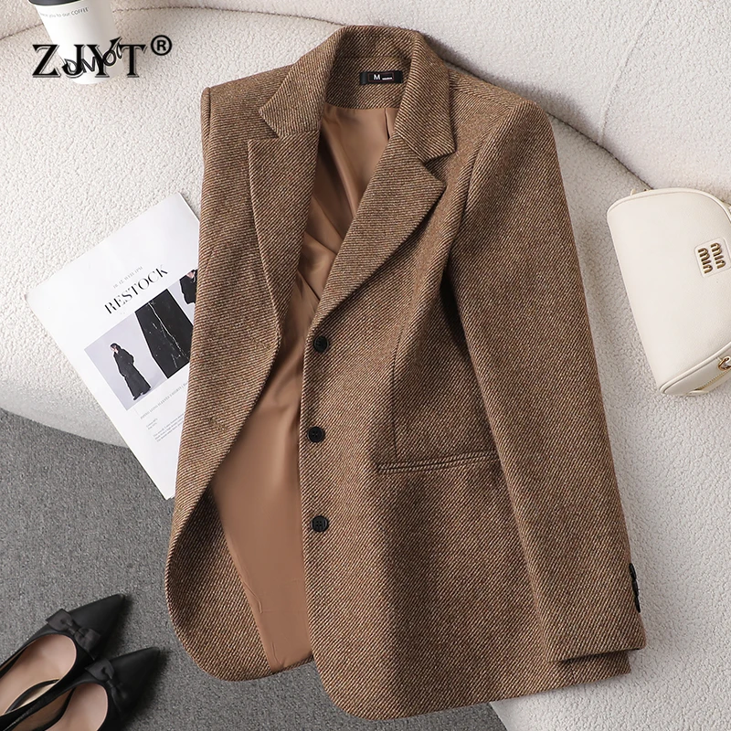 

ZJYT Elegant Women's Woolen Jackets Coats Autumn Winter Fashion Korean Style Casual Blazers Feminino Turn Down Collar Outerwears