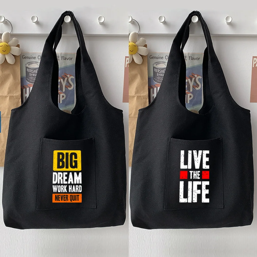 

Women Canvas Shoulder Bag Phrase Letters Print Shopping Bag 2022 Eco Reusable Shopper Bags Travel Storage Handbag Tote for Girls