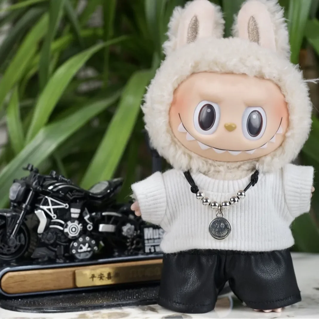 

For 17cm Labubu Clothing Trendy Boy Set Leather Pants T-shirt Headband Necklace V1 V2 V3 Labubu Clothes outfit Doll Accessories