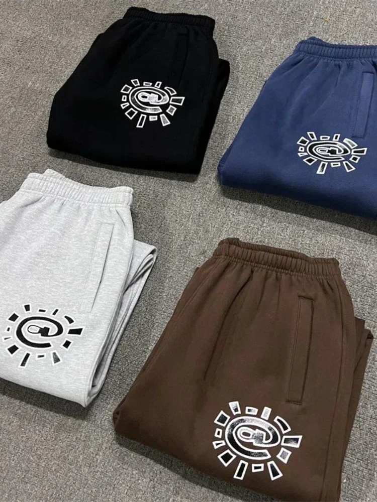 Vintage Graphic Fleece Sweatpants Women Casual Classic Gray Black Wide Leg Warm Trouser Thick Jogger Hip Hop Winter 2024