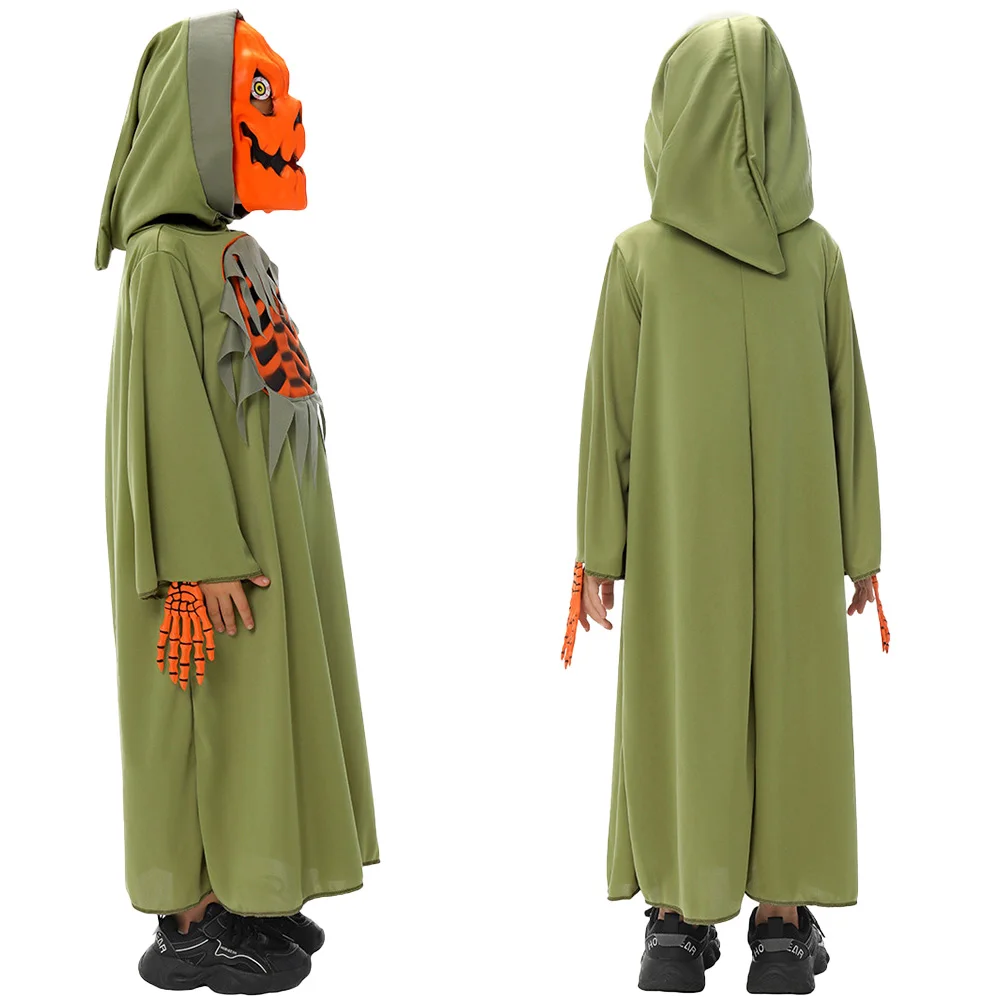 Kids Halloween Pumpkin Skeleton Mask Green Robe Outfits Children Stage Performance Costume Carnival Party Roleplay Terror Suit