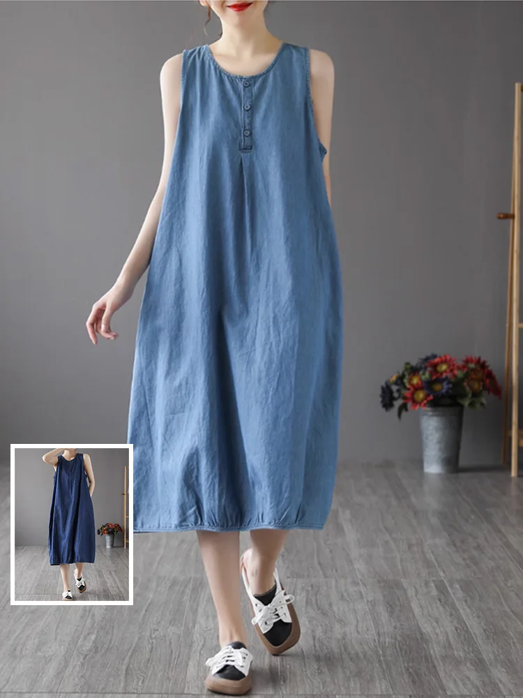 

Slimming Effect Pure Color Thin Lyocell Denim Dr Large Size Women's Faion round Ne Mid-Length Vest Skirt Casual Sle