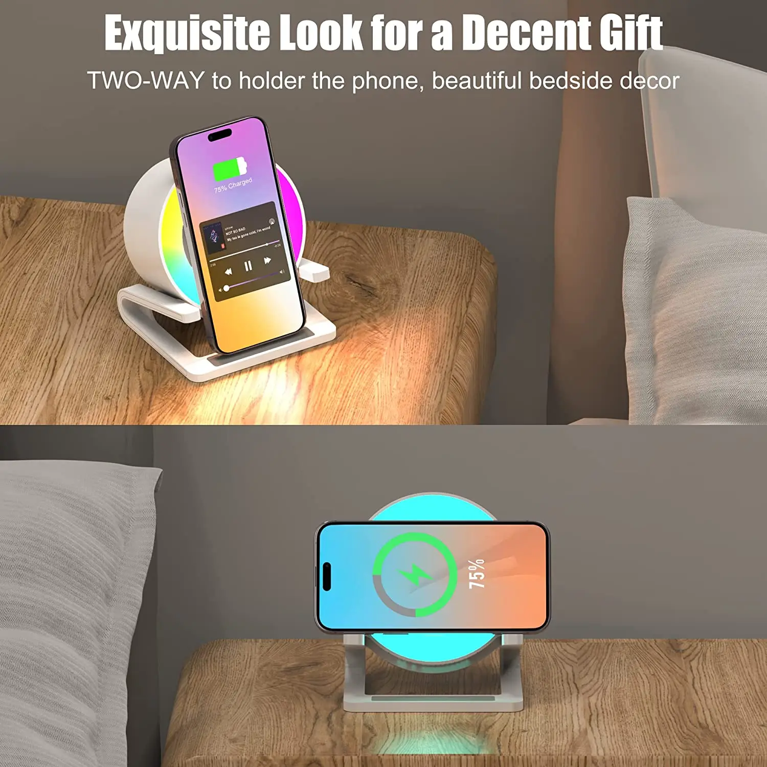 Bluetooth Speakers With Night Light, Fast Wireless Charger, Bedside Lamp Music Sync RGB Light Phone Stand