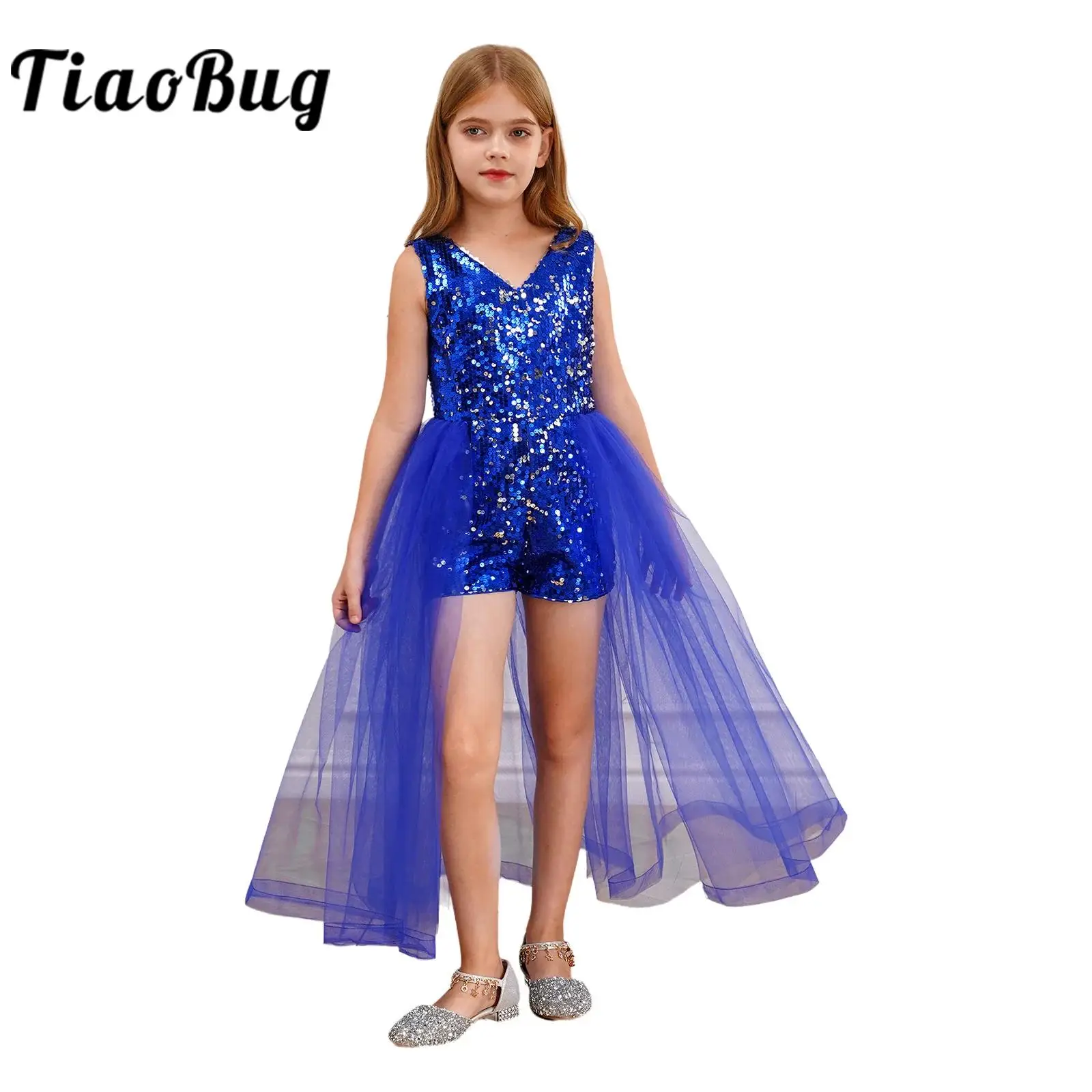 Kids Girls V Neck Sparkly Sequin Romper with Tulle Skirt Children Sleeveless Formal Dress for Wedding Birthday Party Gown