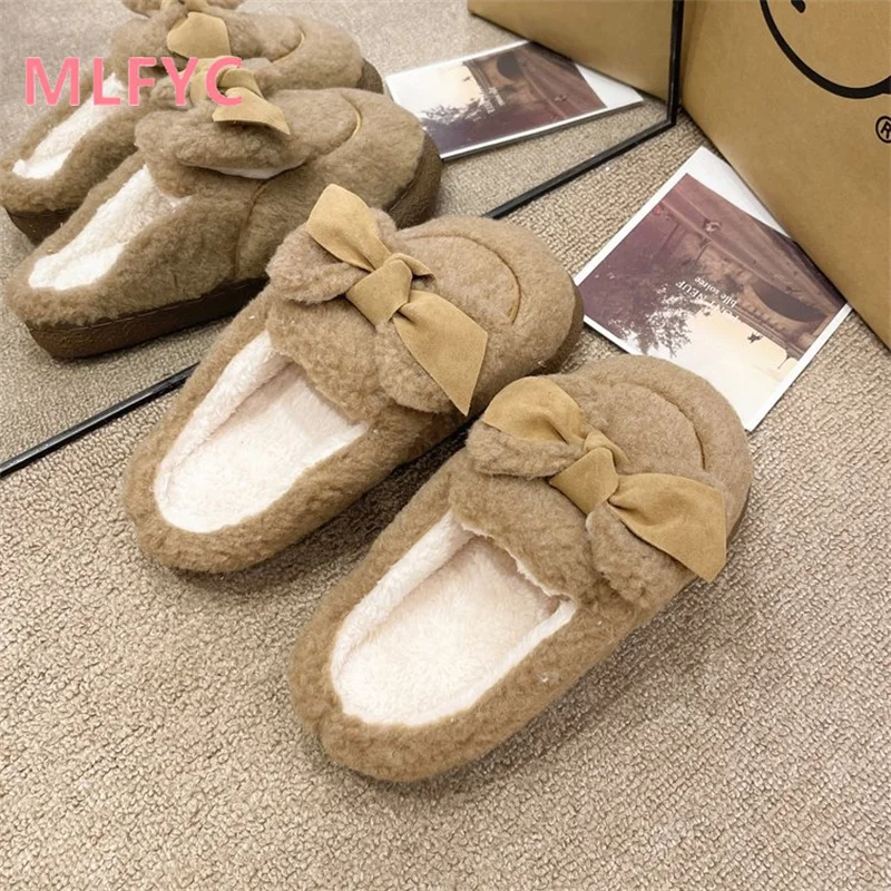 2023 Cotton Slippers female Winter Thick Sole External Wear Cotton Shoes Indoor Cute Bow Cotton Slippers mujer Casual Slippers