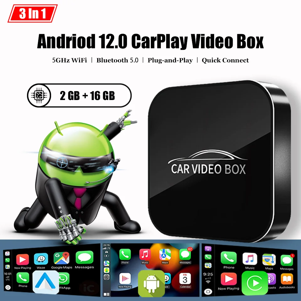 

New Android 12 Mini Ai Box Wired to Wireless Carplay Android Auto 3In1 Adapter Car Smart Multimedia Box Built-in Youtube Nexflit