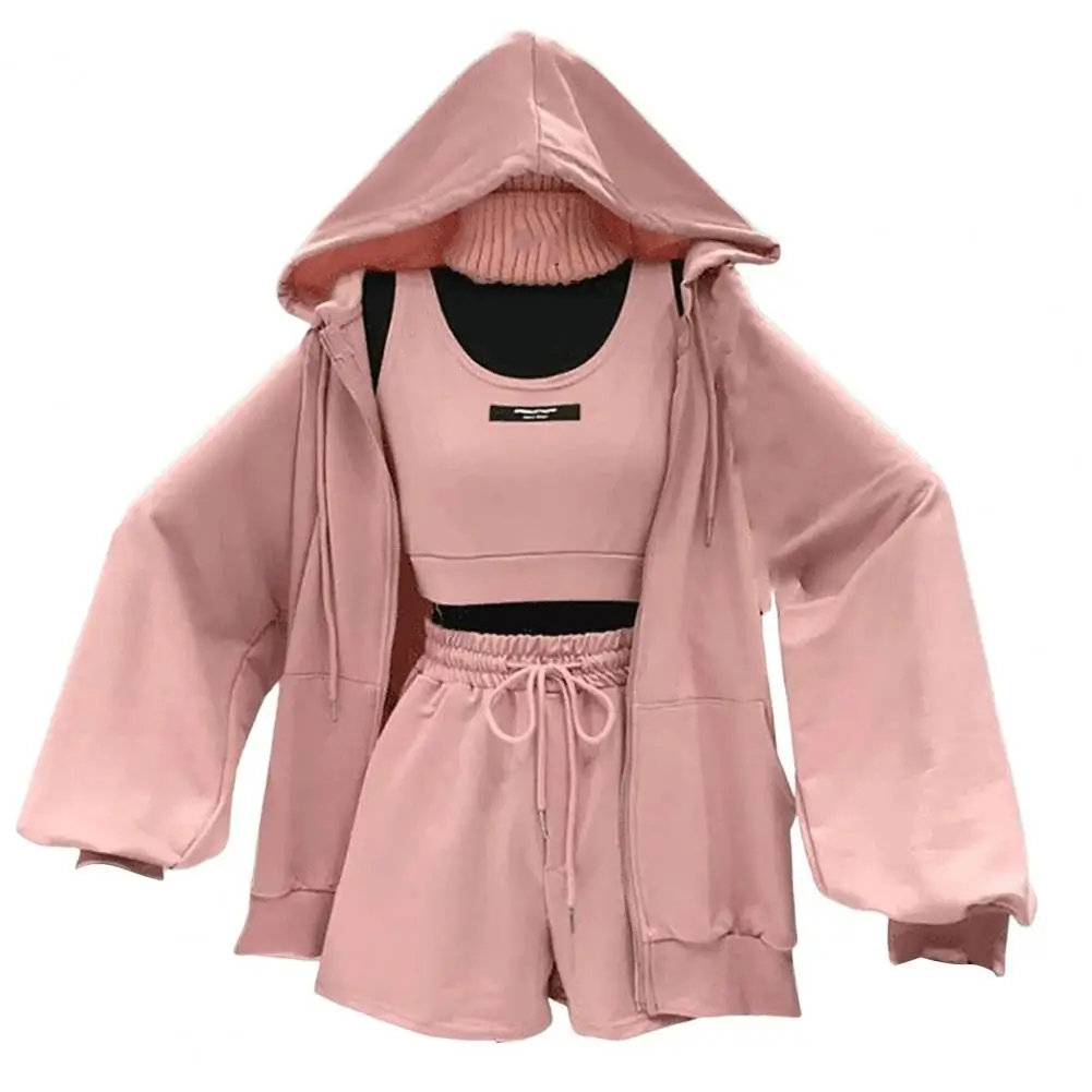 Casual Women Coat 4 Colors Three Pieces Women Coat Drawstring Shorts Vest Set Solid Color Super Soft Women Hoodie for Female