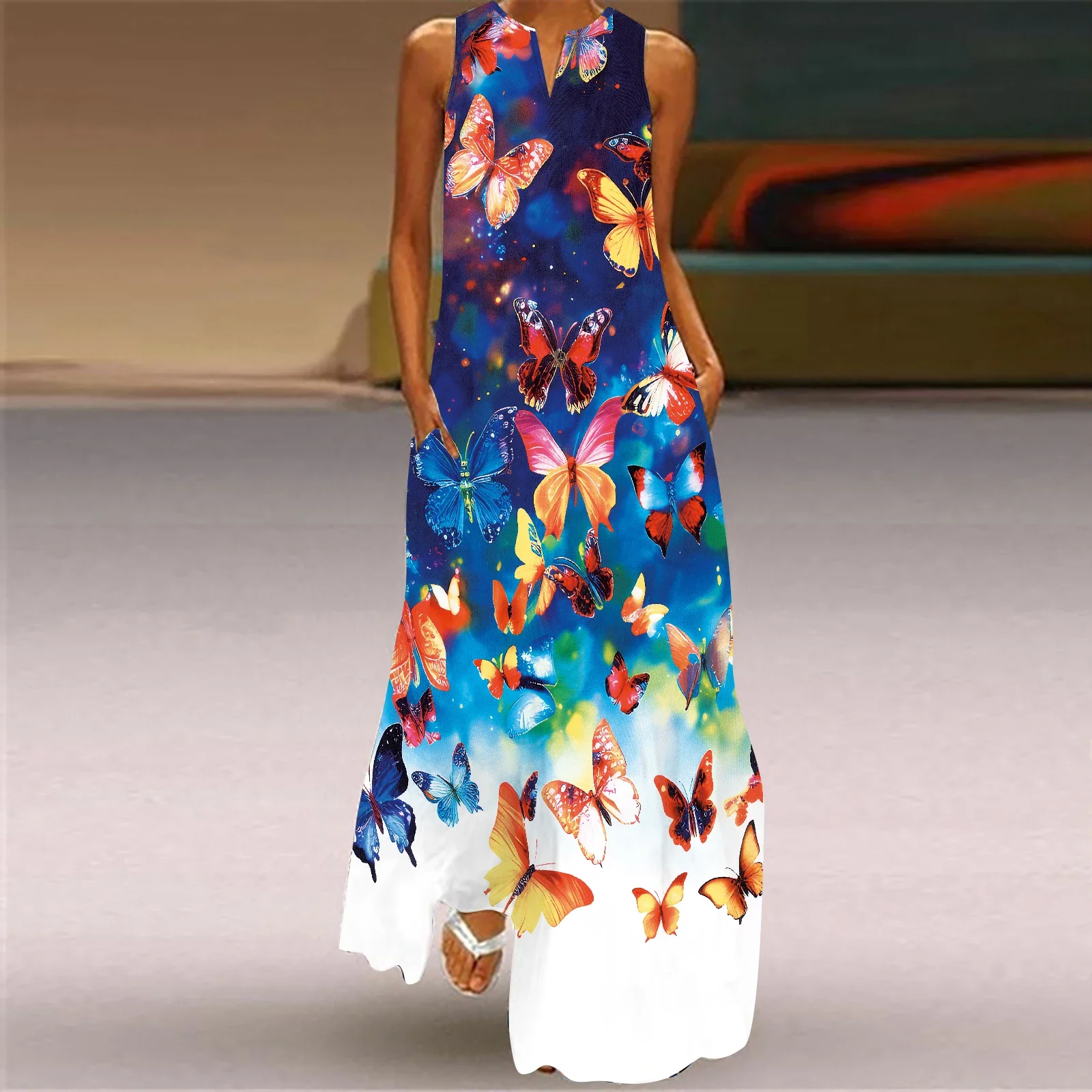 Summer Fashion Sexy Color Gradient Print Hollow Out V-neck Sleeveless Long Dress Loose Casual Party Evening Long Dress Women