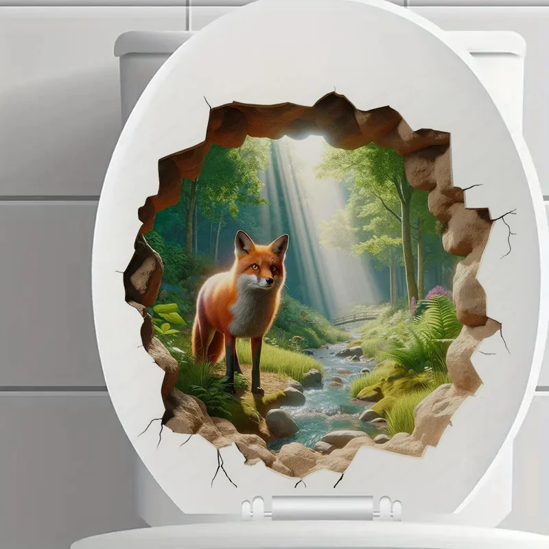 

T2146#Realistic 3D Fox Toilet Sticker, Self-adhesive Bathroom Home Decoration Wall Sticker, Door Sticker, Refrigerator Sticker