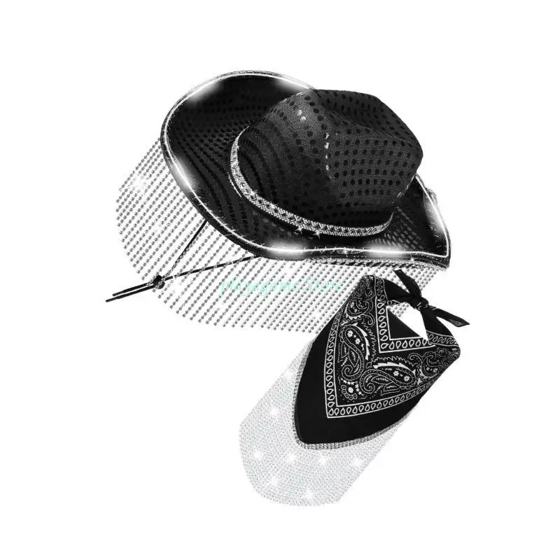 مجموعة Y88A Trend Cowgirl Hat ووشاح الرقبة قبعات رعاة البقر واسعة الحواف لحفلات الزفاف #2