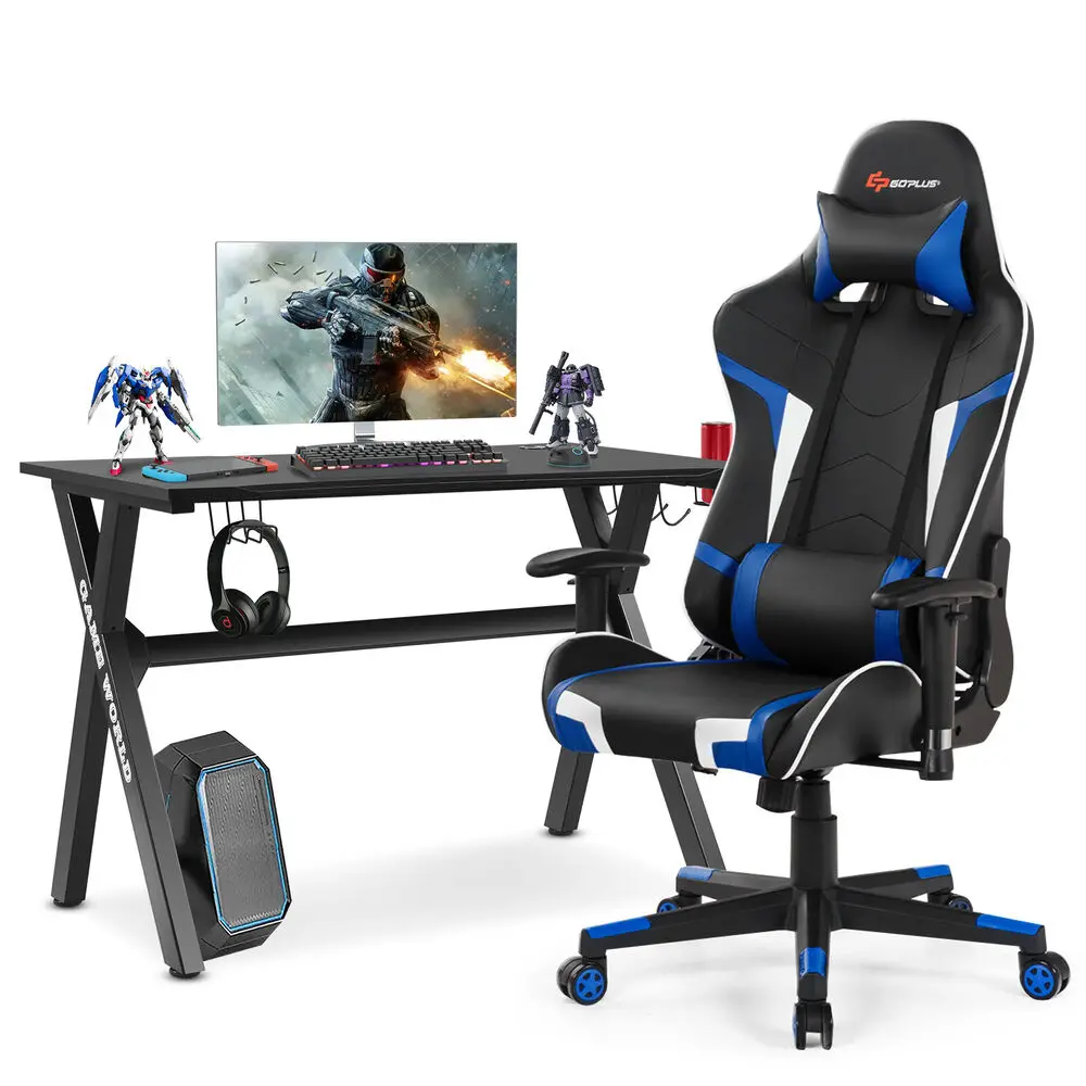 Costway X-Shaped Gaming Desk & Racing Style Massage Chair Set Home Office Black+Blue