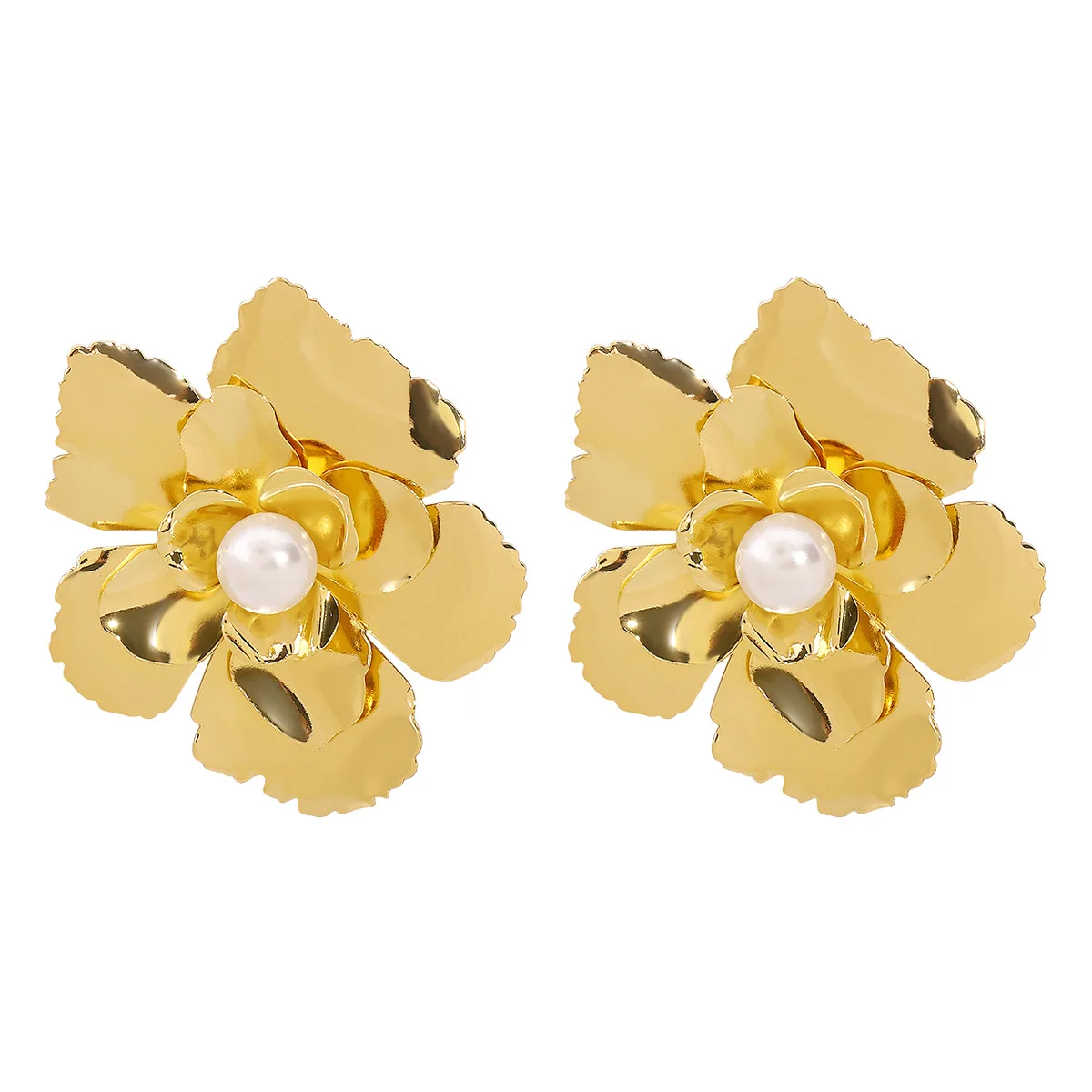 Luxury Shine Metal Flower Earrings Women Trend 2024 Pearl Jewelry Statement Fashion Party Holiday Accessories Gift