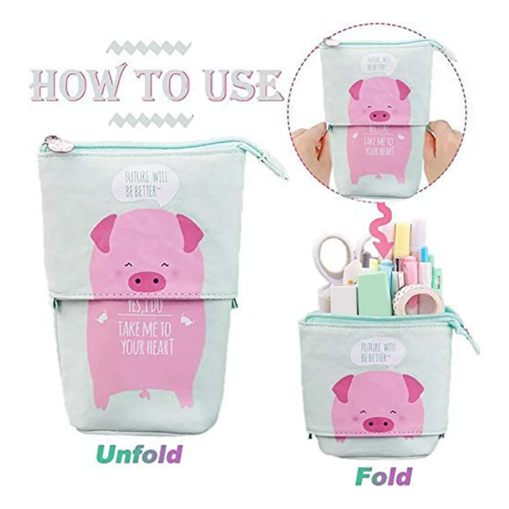 Stand Up Pencil Holder Pencil Case Pen Bag Cute Cartoon Stationery Organizer Cosmetics Pouch for Students(Pink)