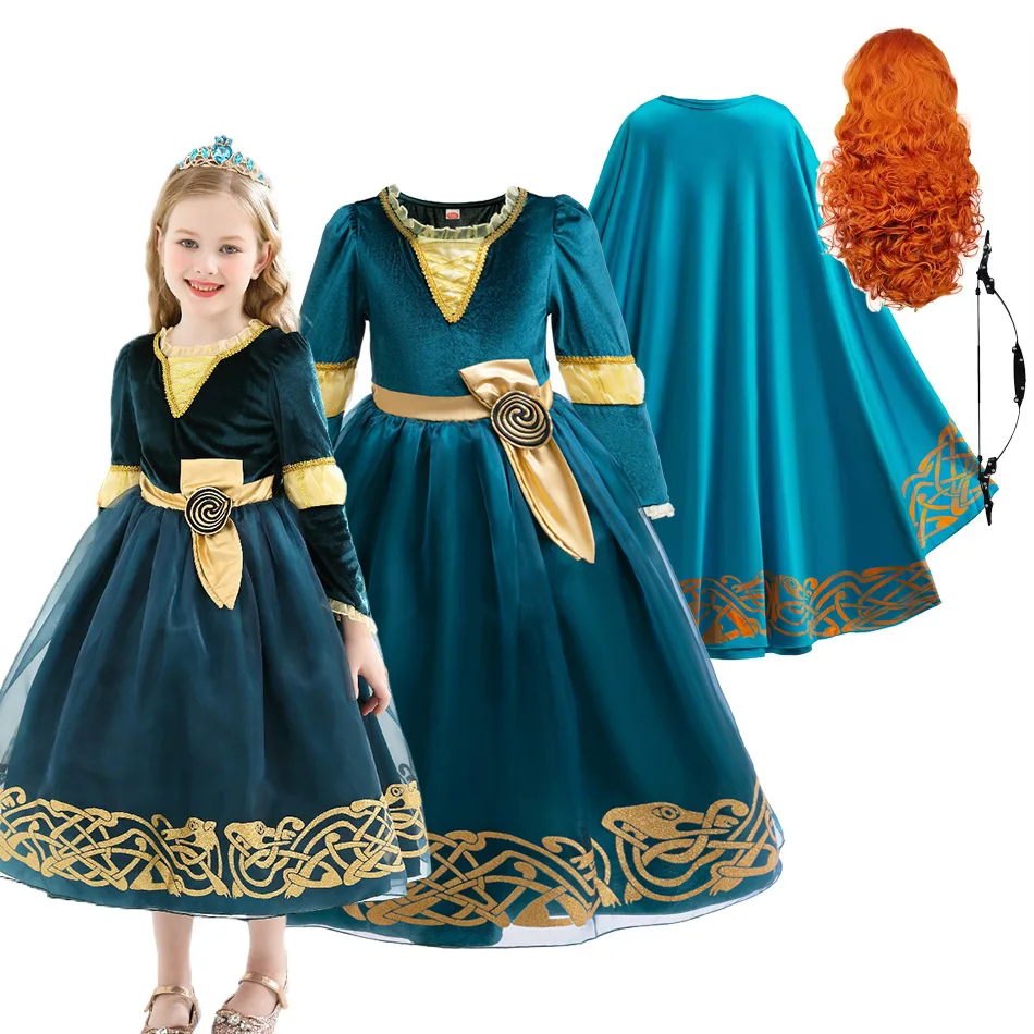 Fantasia de Halloween para Meninas Merida, Vestido de Personagem Brave Girl, Conjunto de Fantasia para Crianças com Vestido+Peruca+Laço 3-10 Anos