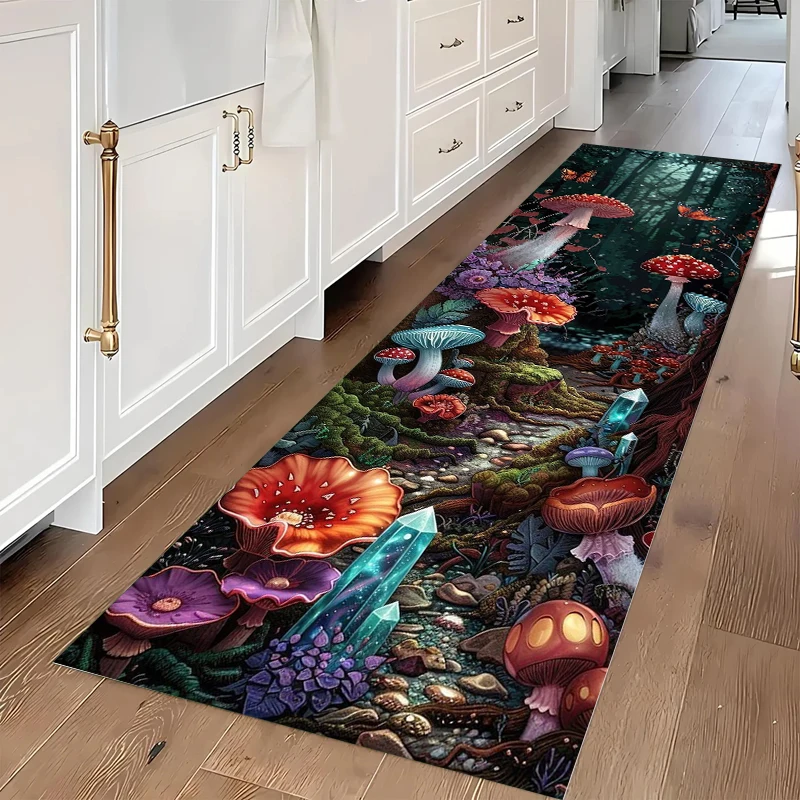Enchanted Forest Glowing Mushroom Print Runner Rug Non Slip Fantasy Art Carpet for Kitchen