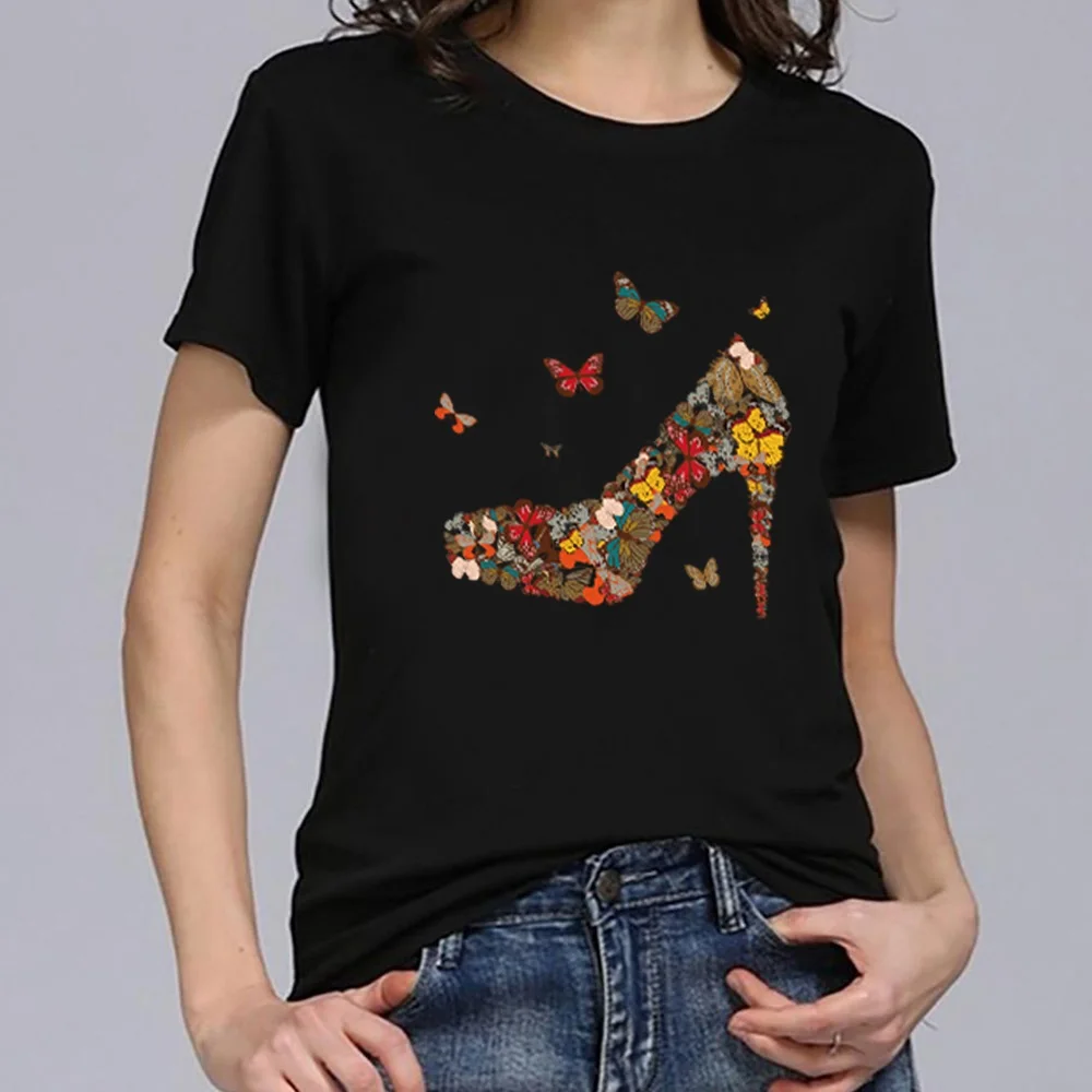 T-shirt manches courtes col rond femme, estival et décontracté, avec motif dessin animé et papillon