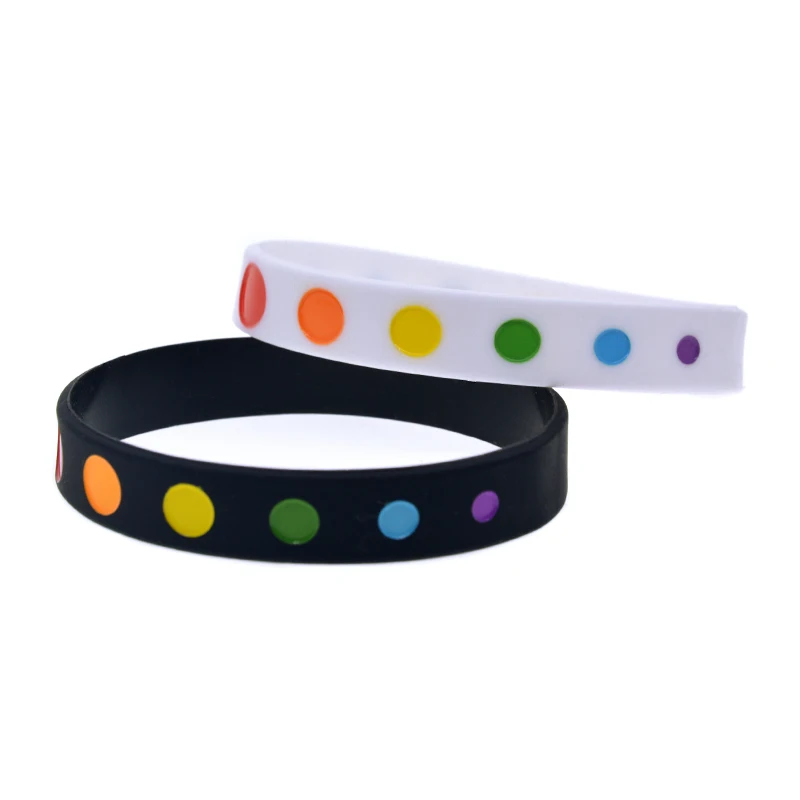 50 Pcs Dot Logo Pride Silicone Rubber Wristband 1/2 Inch Wide Bracelet Black and White Fashion Bangle