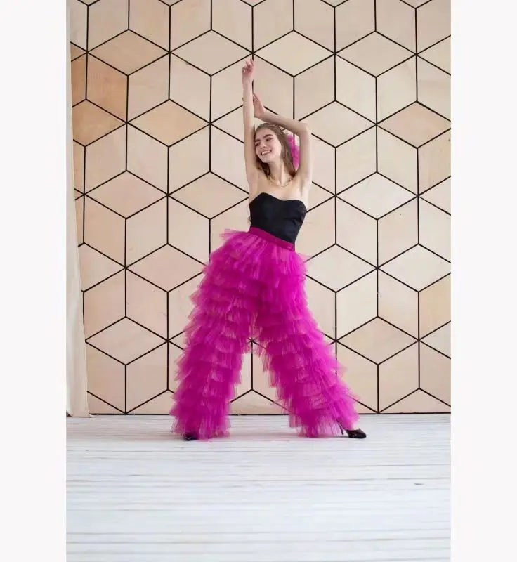 

High Waist Female Trousers Fashion Trousers Club Party Women's Tulle Pants Solid Color Patchwork Multi-Layer Ruffle Yarn