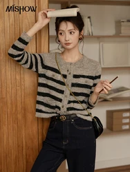 MISHOW Women Striped Knitted Korean Vintage Sweater Tops 2024 Fall Round Neck Casual Sweaters Versatile Cardigan Top MXD41Z0744