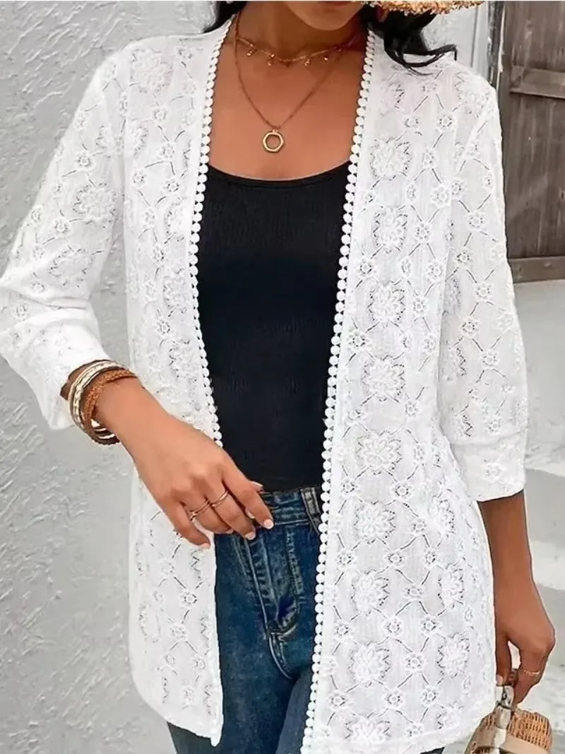 Women's Plus Size 1XL-5XL Casual Solid Color Lace Half-sleeve Cardigan Fashionable and Versatile Commuter Cardigan Top