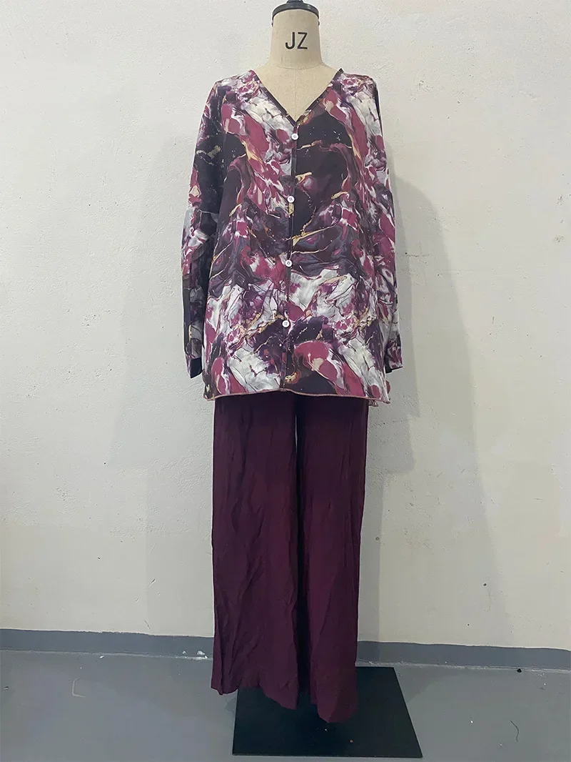 

Ramadan Two Piece Sets Print Shirt Wide Leg Pants Women Muslim Casual Suits Arab Musulman Ensembles Moroccan Kaftan Islamic