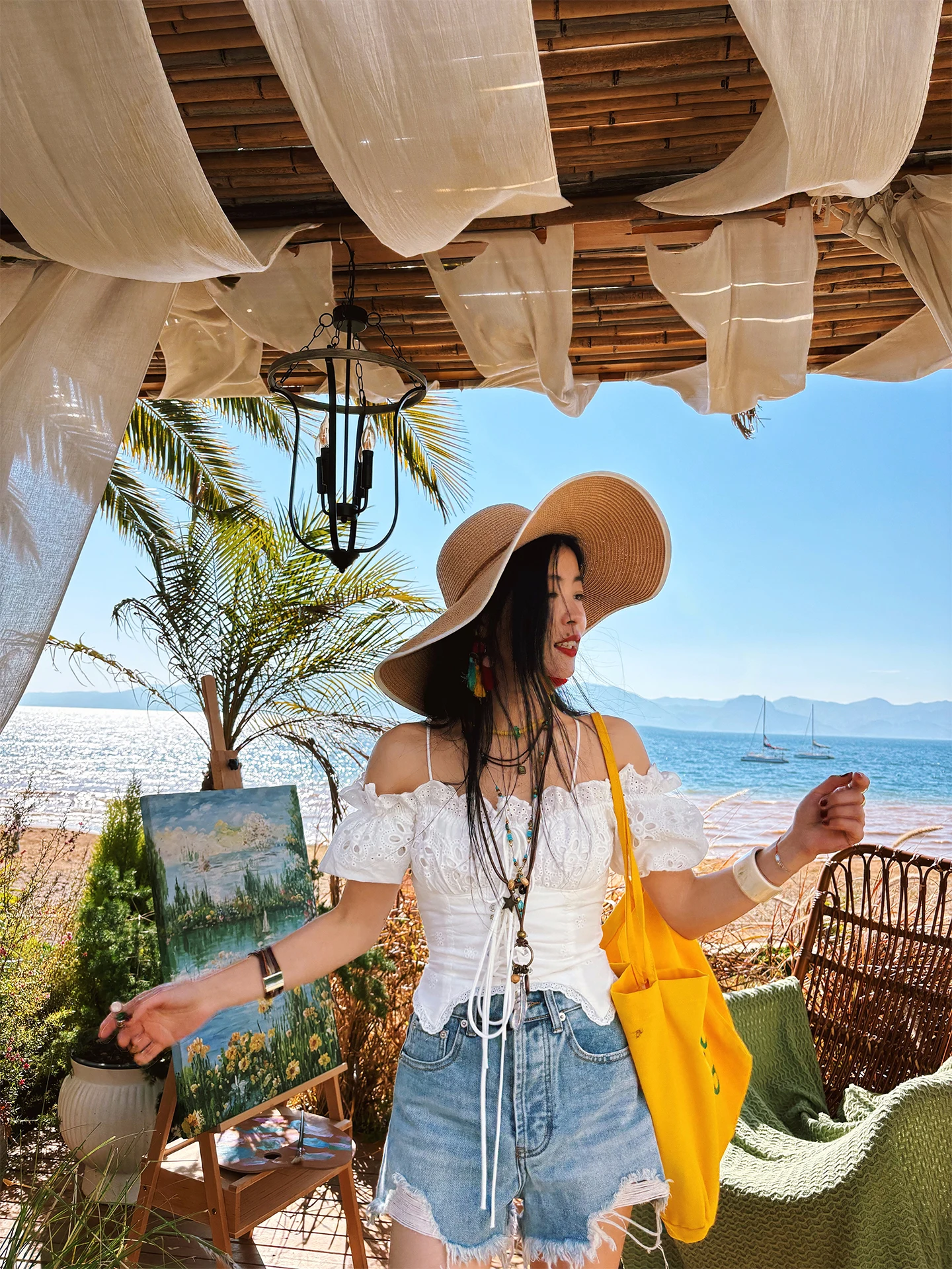 

Летняя хлопково-полиэстеровая блузка Feng Holiday Style с открытыми плечами и рукавами-фонариками для девочек, универсальный топ с завязками, стройнящий силуэт, для пляжа