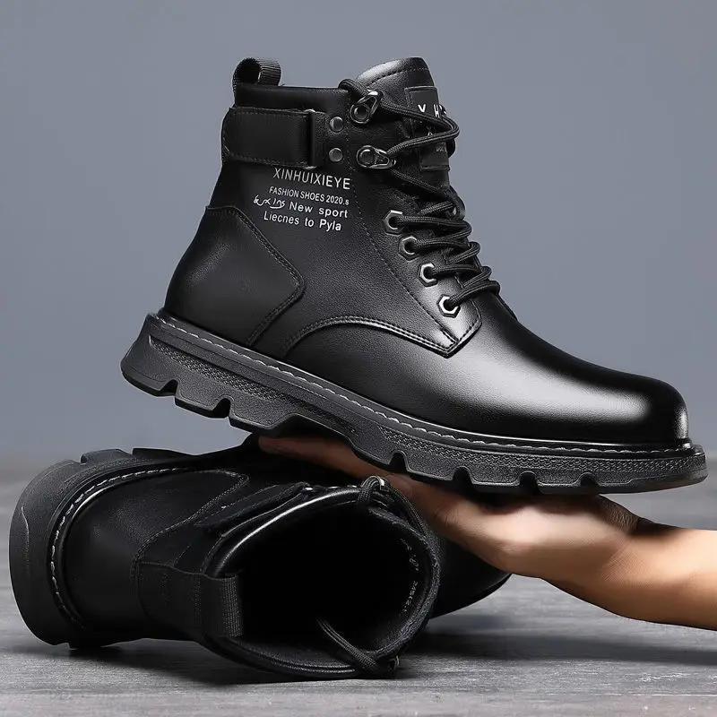 Winter Men's High Top Boots Trendy Black Motorcycle Boots Outdoor Warm Platform Boot Men Lace-up Leather Boots Bota Masculina