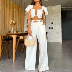 Crop Top & Cuffed Pants Set Women Vest Wide Leg Pant Sets Two Piece Suit Single Breasted High Waist Elegant Trousers Suits