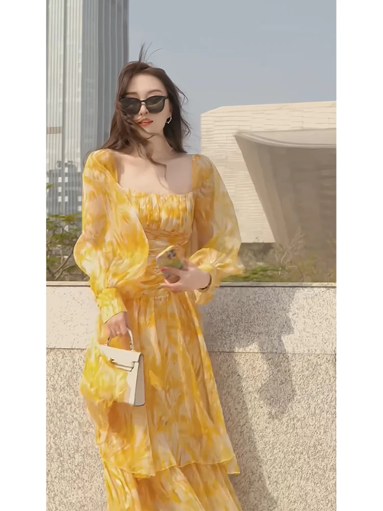 

Летнее длинное платье Fairylike с цветочным принтом Vaion Sle Yellow Dr, женское платье из смеси шелка, полноцветное платье све