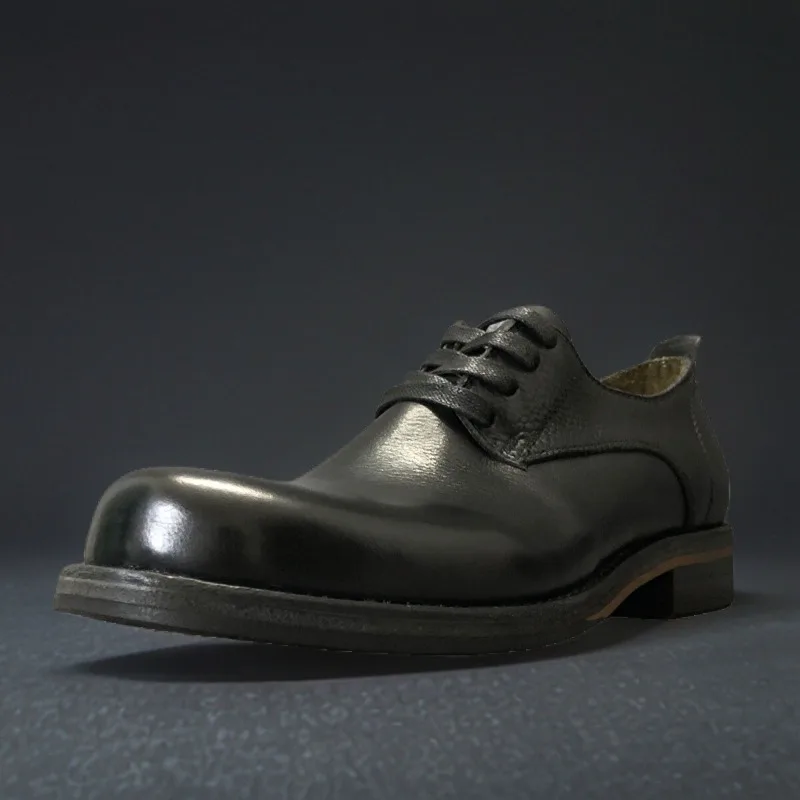 

High End Washed Cowhide Business Dress Derby Shoes Men's Thick Soled Casual Office Wedding Leather Shoes Male Genuine Leather
