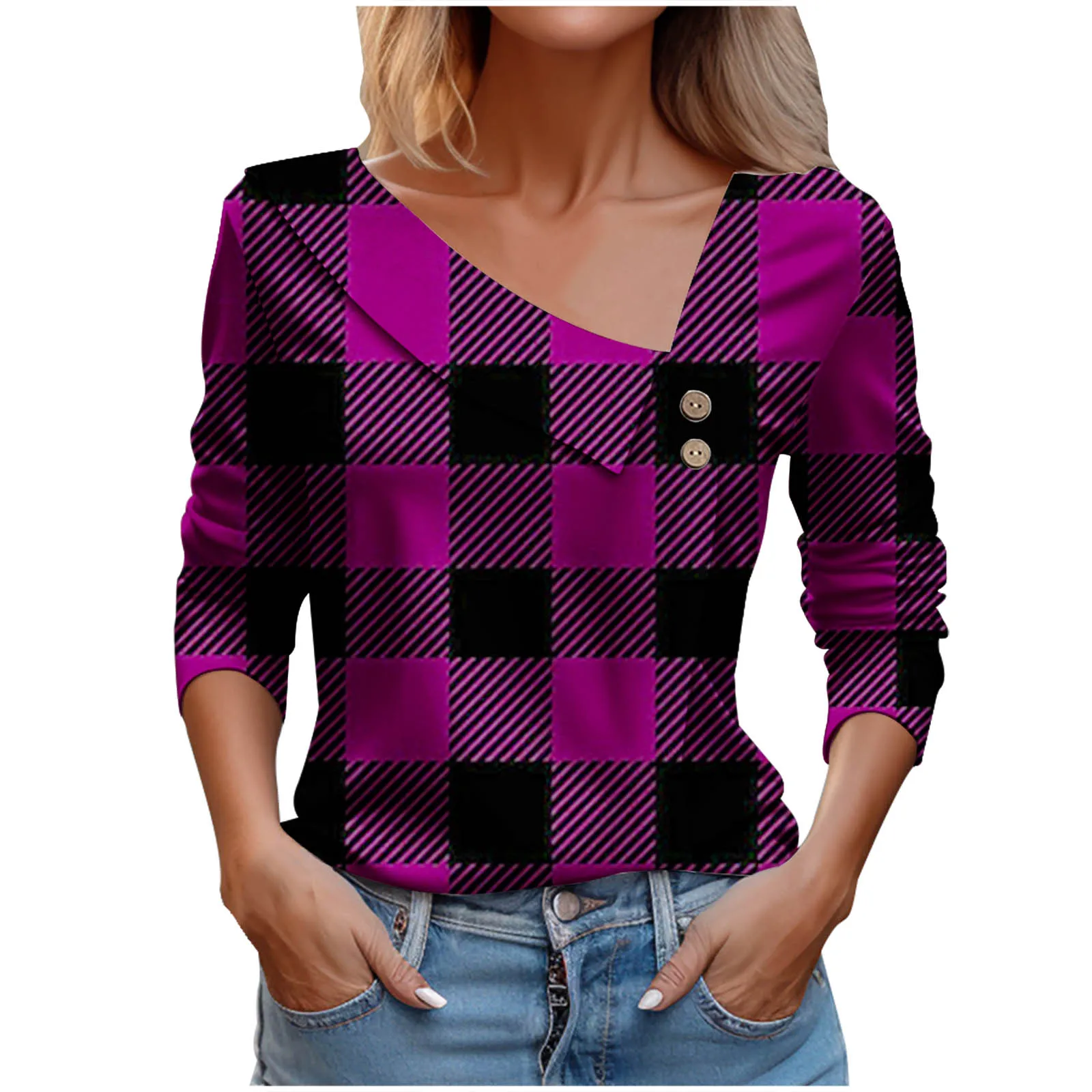 2024 Autumn Fashion Plaid Patchwork Blouse Button Commuter Design Sense Pullover Spring Casual Clothing Blouse Blouse For Women