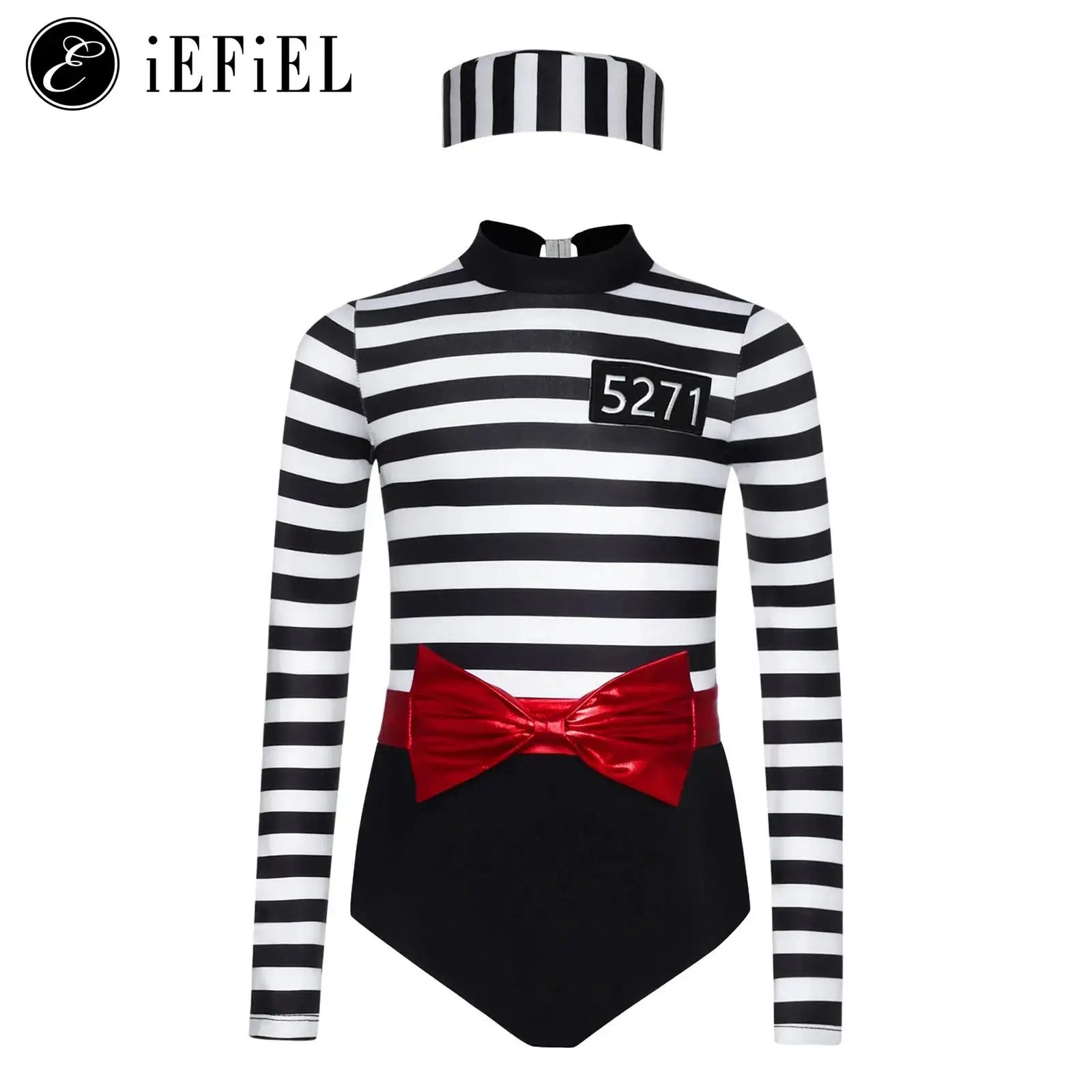 

Girls Halloween Prisoner Cosplay Costume Inmate Striped Long Sleeve One Piece Bodysuit with Hat Convict Roleplay Uniform