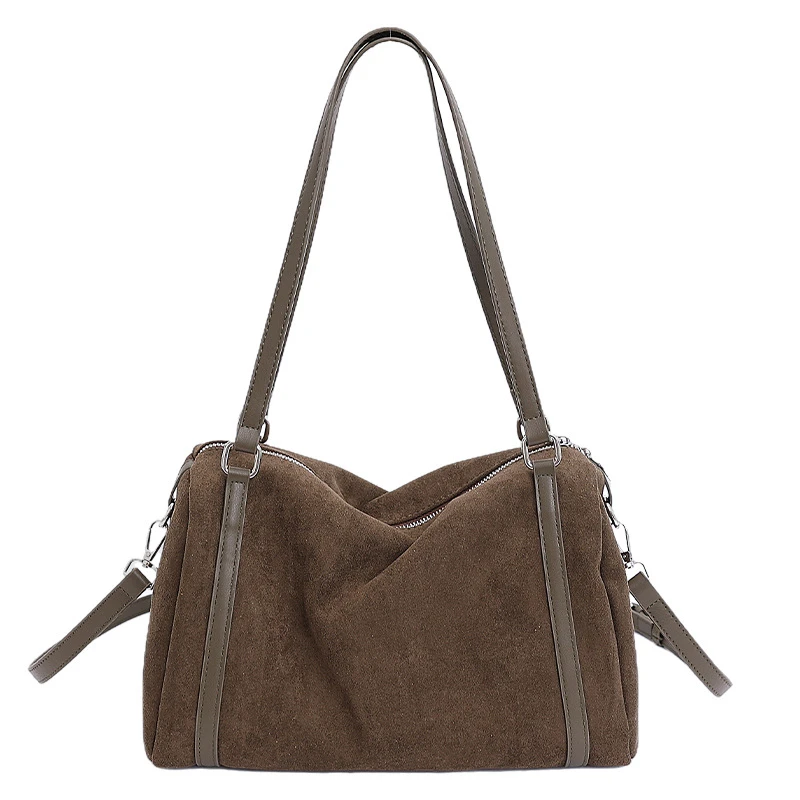 Damen-Handtaschen mit großer Kapazität, lässige Retro-Umhängetaschen aus Wildleder mit Reißverschluss, einfarbige Schultertaschen für den Alltag. – Detail 37