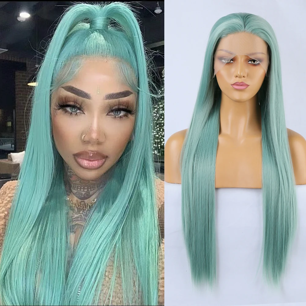 AIMEYA Fashion Long Straight Wig for Women Girls Mint Green Lace Front Wig Heat Resistant Synthetic Hair Light Grey/Blue Wigs