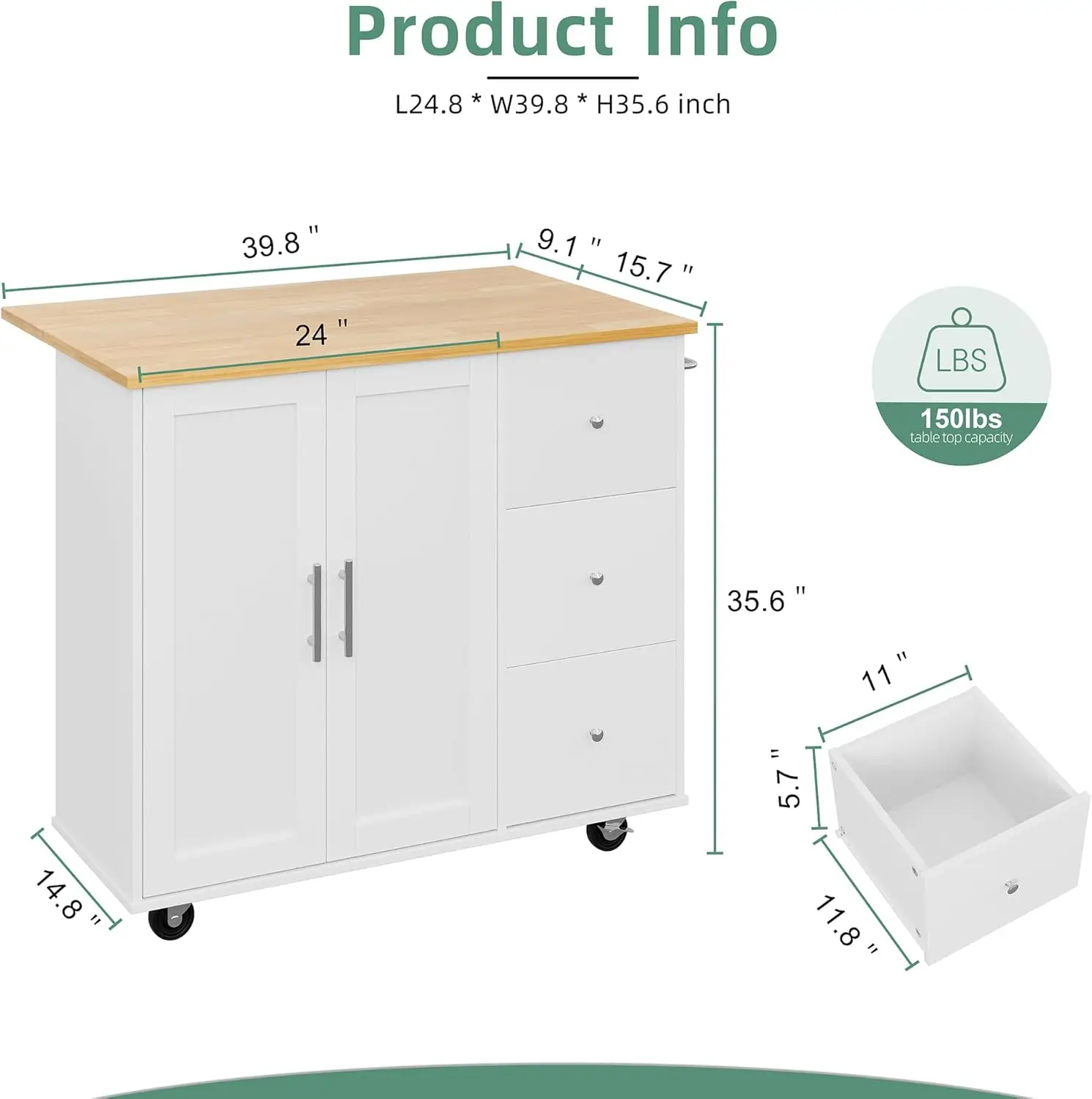 Kitchen Island Cart with Folding Drop Leaf Breakfast Bar, Portable Trolley Island with Large Storage Cabinet, Shelf